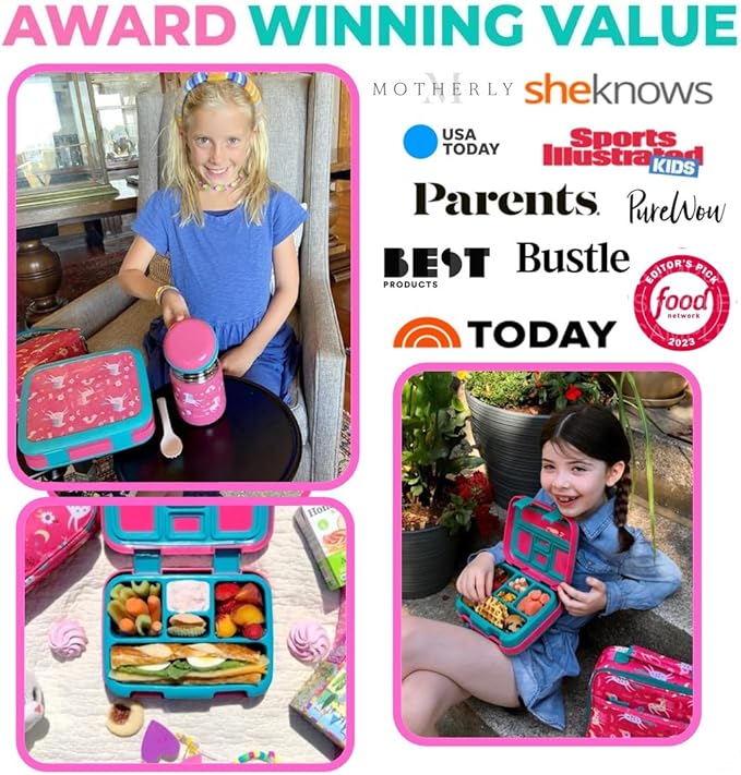 Bento Box with Lunch Bag, Insulated Stainless Steel Thermo for Hot-Cold Food or Soup, Ice Pack Set for Kids Girls Toddlers Snacks for Daycare, Ages 3 to 7, Pink Unicorn