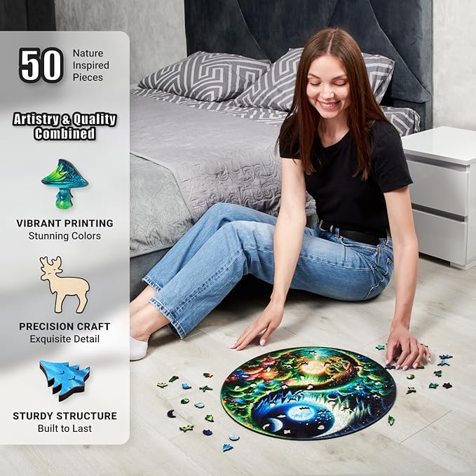 LEOGOR Wooden Puzzles for Adults 500 Pieces (18 x 17.8 in), Extra-Thick 5mm Round XL Wood Jigsaw, Yin Yang Puzzle, Unique Whimsical Pieces, Challenging, Fun & Beautiful Gift for Puzzle Lovers