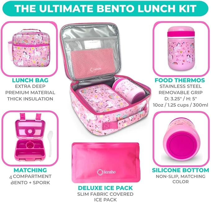Bento Lunch Box for Kids with Thermo Food Jar for Hot Food Soup, Insulated Lunch Bag and Ice Cold Pack Set, Stainless Steel Lunch Thermal, Girls Container Boxes with 4 Compartments, Pink Unicorn