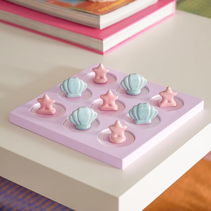 WDS WONDROUS Tic Tac Toe Game, Pink Coffee Table Centerpiece Decoration, Summer Beach Themed Wood Board Game with Ceramic Shell & Starfish, Coastal Girl's Room Decor, Fun&Cute Gifts for All-7.9 Inch