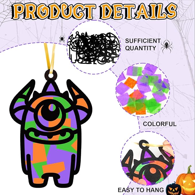 Qyeahkj 36 Set Halloween Monster Suncatchers Crafts for Kids DIY Monster Window Tissue Paper Craft Kit Hanging Decor for School Classroom Activity Art Project Holiday Home Birthday Party Favor Gift
