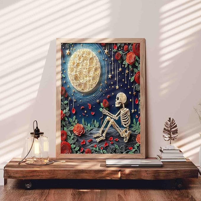 Tucocoo Romantic Skeleton Jigsaw Puzzle for Adults 1000 Piece, Skull with Rose Full Moon Puzzles, Relaxing Floral Night Scene Challenging Puzzle for Family Game Night Stress Relief Home Decor Gift