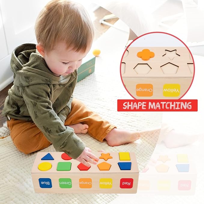Adena Montessori Wooden Shape Sorter - Color Matching Learning Toys for 2-3 Year Olds (10 Shapes)