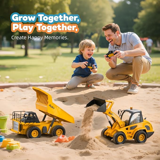 Ruko 1560 Construction Toy Set, Remote Control Dump Truck and Front Loader, 9 Channel RC Vehicles with Realistic Lights for Outdoor Sandbox Play, Gifts for Kids
