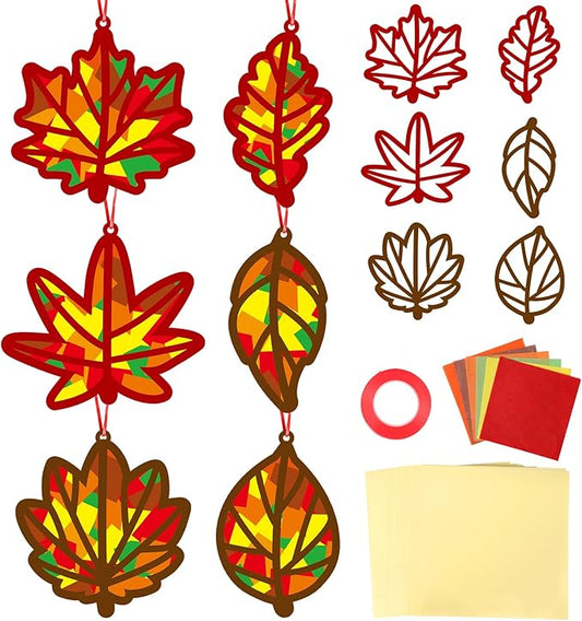36 Set Fall Maple Leaves Suncatchers Crafts for Kids DIY Autumn Window Tissue Paper Crafts Kit Thanksgiving Maple Hanging Decor for Fall School Home Activity Art Project Birthday Party Favor Gift