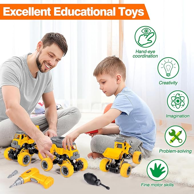 LUDILO 4PCS Take Apart Toys for 4 Year Old Boys Construction Toys with Electric Drill DIY Assembly Building Stem Toys Trucks Gifts for 3 4 5 6 7 8 Year Old Boys Girls Kids Learning Educational Toys