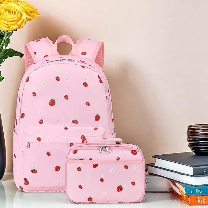 LEDAOU Kids School Backpack with Lunch Box for Girls Kindergarten BookBag School Bag Preschool Toddler Backpack (Pink Strawberry)