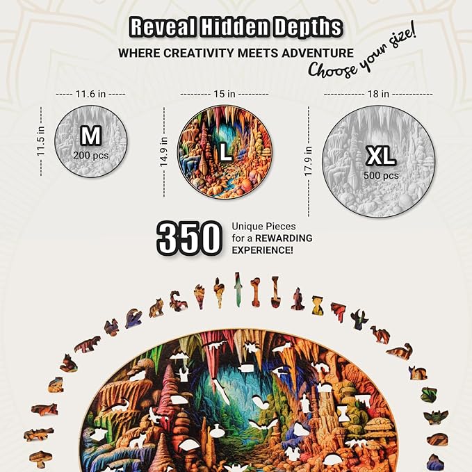 LEOGOR Wooden Jigsaw Puzzles for Adults 350 Pieces (15 × 14.9 in), Cave Puzzle, Extra-Thick 5mm Wood, 3D Vision Mosaic Nature Design, Unique Animal Shapes, Challenging Gift for Adults and Teens