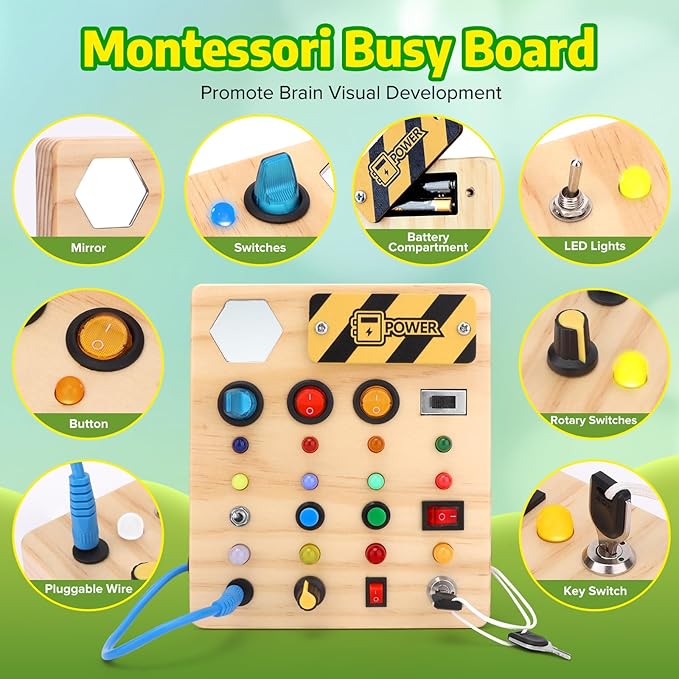 Montessori Busy Board,Montessori Toys for 1-3 Years Old,Baby Sensory Board,Preschool Learning Activities,Wooden Toys for Toddler,Christmas & Birthday Gift for Boys & Girls