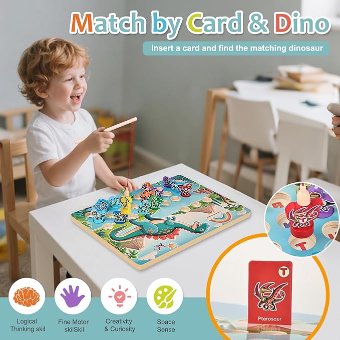 Wooden Dinosaur Magnetic Fishing Game for Toddlers Ages 3-5 with 2 Pods, ABC Alphabet Learning Toy with Spelling Cards, Preschool Educational Montessori Toys, Gift for Boy Girl