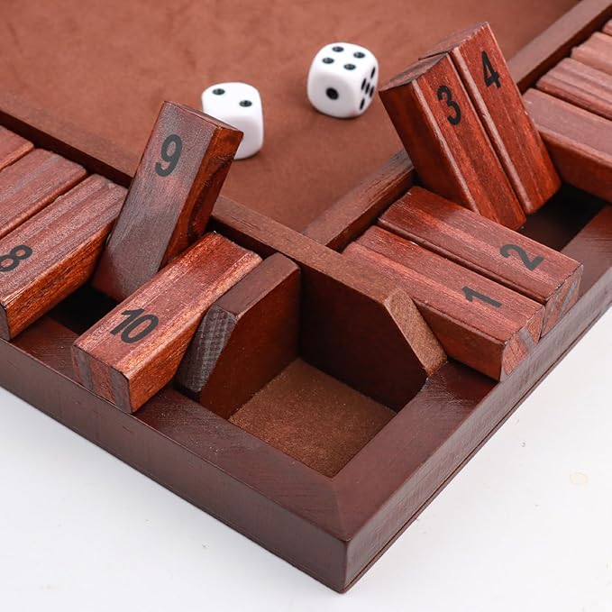 MerryPony Shut The Box Game 4 Player, Wooden Board Game with 10 Numbers, 12 Inch Close The Box Game with 12 Dice, Classic Family Dice Game for Adults, Tabletop Math Game for Pub Classroom Party