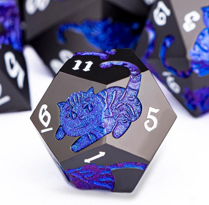 Metal DND Cat Dice 7PCS Polyhedral RPG Dice Set with Gift Case for Dungeons Dragons Role Playing Game, D and D Dice D6 D8 D10 D12 D20 D% (Blue Purple)