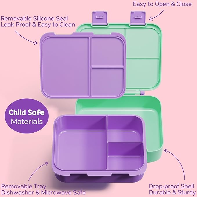 Fimibuke Bento Lunch Box for Kids with Thermos, 3-Compartment 32OZ Snack Lunch Container, Lunch Bag, 12OZ Insulated Food Jar & Ice Pack Set for Age 3-12 School Daycare Toddler Teen Girls Boys, Mermaid