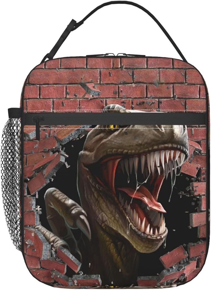 Dinosaurs Breaking Walls Reusable Lunch Box Food Bag Insulated Lunch Bag for Teenage Boys Girls School Beach