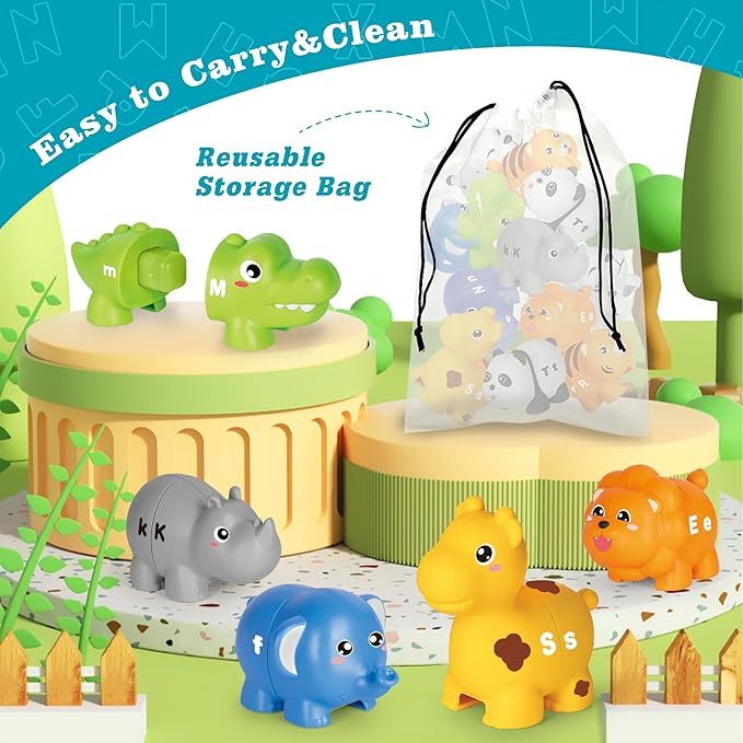 Learning Toys for 2 3 4 Year Old, 52 Pcs ABC Animal Alphabet Match Game with Uppercase Lowercase, 10 Different Animal Figures, Preschool Activities Montessori Fine Motor Toys for Toddlers Kids