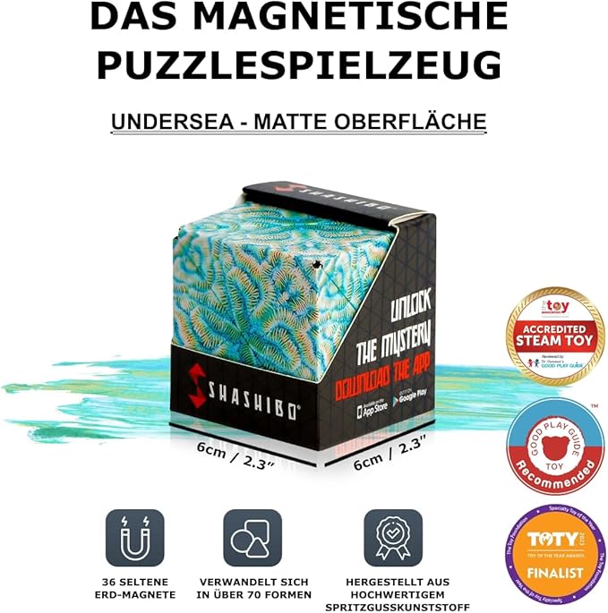 SHASHIBO Shape Shifting Box - Award-Winning Fidget Toy w/ 36 Rare Earth Magnets - Fidget Cube Transforms Into Over 70 Shapes, Sensory Toy Gift for Kids, Teens, and Adults (Undersea)