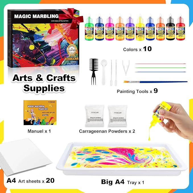 Water Marbling Paint Kit, Arts and Crafts For Kids,Birthday Gifts for Girls Boys 3+Years Old, Toys For Ages 8-13 5-7 3-6, Art Supplies for Kids