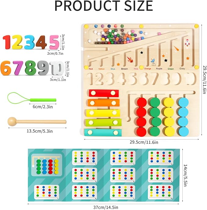 Montessori Learning Toys Busy Board Sensory Toys for Autistic Children, 4-in-1 Wooden Toy with Magnetic Color Number Maze, Xylophone, Sliding Puzzle & Number Match for Kids Ages 3+