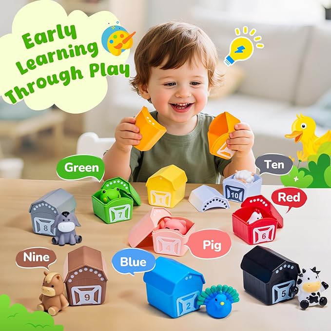 JoyCat Learning Toys for 1,2,3 Year Old Toddlers, 20Pcs Farm Animals Box, Finger Puppets for Kid, Montessori Counting, Matching & Sorting Fine Motor Games, Christmas Birthday Gift for Baby Boys Girls