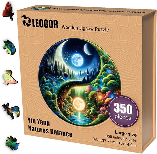 LEOGOR Wooden Jigsaw Puzzles for Adults 350 Pieces (15 × 14.9 in), Yin Yang Puzzle, Extra-Thick 5mm Wood, Round Mosaic Puzzles with Unique Animal Shapes, Challenging, Beautiful Gift for Puzzle Lovers