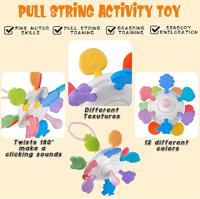 6 in 1 Baby Toys 6 to 12 Months, Montessori Toy for Toddlers 1-3, Infant Teething Babies Toy Stacking Blocks Rings Pull String Toy Sorter Sensory Bin