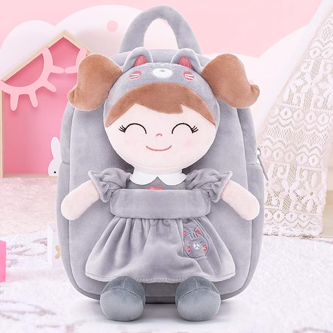 Gloveleya Back to School Gifts for Girls Cat Backpack Toddler Backpack Soft Plush Backpacks with Plush Doll Gray