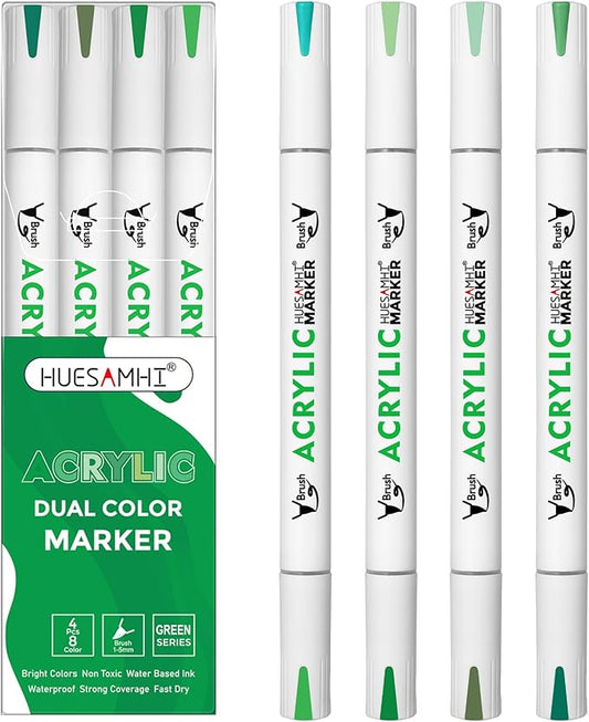 Dual Tip Brush Markers, 4 Pack Double Ended Acrylic Paint Pens - Permanent Water-Based for Rock Painting, Wood, Metal, Ceramic, Glass, Crafts & Kids Art Assorted Colors