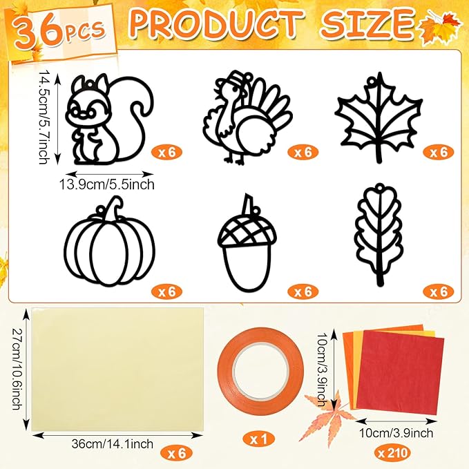 Qyeahkj 36 Set Fall Suncatchers Crafts for Kids DIY Autumn Leaf Pumpkin Acorn Squirrel Window Tissue Paper Craft Kit Hanging Decor for Classroom Home Activity Art Project Birthday Party Favor Gift