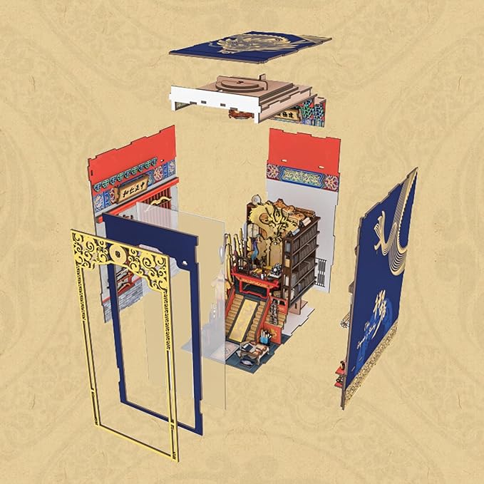 DIY Book Nook Kit for Adults, 3D Wooden Puzzle Bookend Bookshelf Insert Decor with LED Light and Dust Cover (The Emperor's Study)