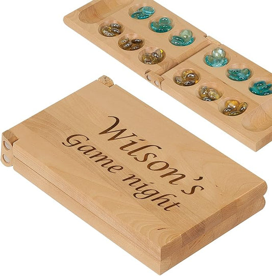 Customized Mancala Board Game with Personalized Wood Folding Board 50 Glass Stones Marble Custom Engraved Game Set for Birthday, Family Game Night