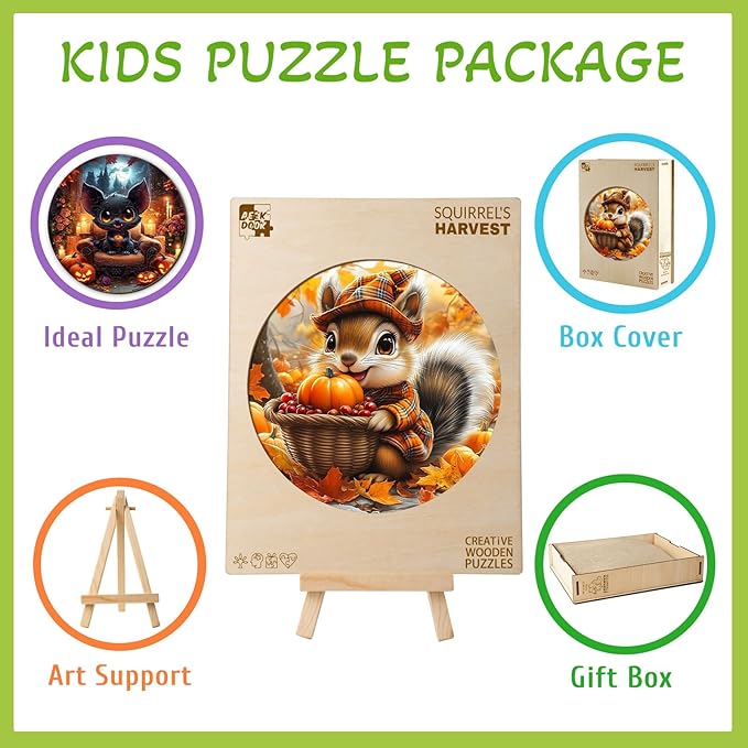 Wooden Puzzles for Kids Ages 4-6 - Squirrel's Harvest 50 Pieces Children Puzzles - Large Pieces Kids Puzzle with Unique Shapes - Fall Puzzles for Boys and Girls (11.4 * 11.4 in)