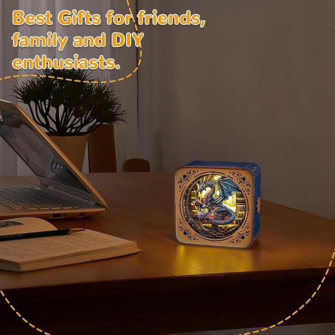 3D Wooden Puzzle Night Light, Library Dragon DIY Puzzles for Adults, Eye Care Night Light with Touchable Switch, Personalized Gifts for Family Friend DIY Puzzle Lover
