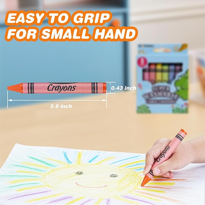 Super Washable Jumbo Crayons Bulk, 12 Pack Crayons with 8 Bright Colors, Non-Toxic Easy-Grip for Toddlers 1-3 & Kids Ages 4-8, Safe Art Supplies for Coloring Books & School Projects