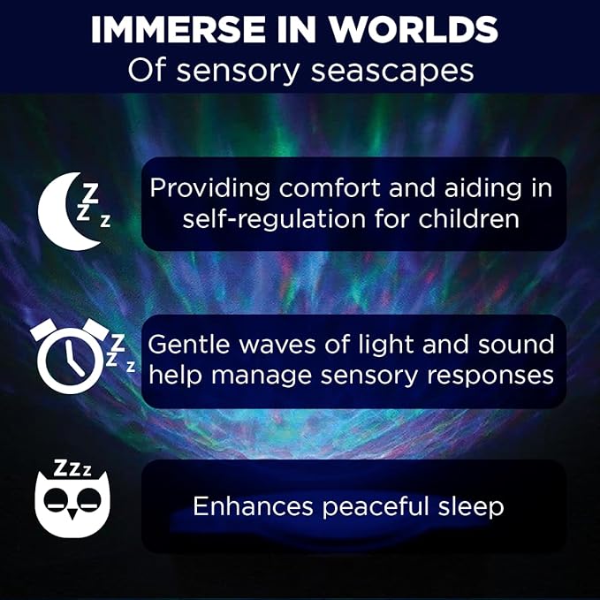 Bright Autism Calming Sensory Sea Lamp - Night Light Projector for Kids, 7 Light Modes, Color Changing Music Player, Nature Relaxation Sounds