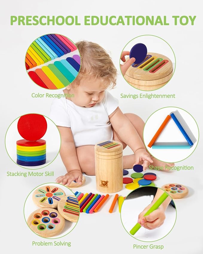 Wooden Sorting Toy for Toddlers 1-3 - Fine Motor Skills Toys,Baby Coin Bank & Color Matching Game - Sensory Educational Toy for Boys Girls TravelActivities(3in1)