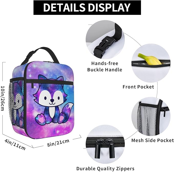 Mrublnel Galaxy Fox Printed Insulated Lunch Box Portable Lunch Bag with Detachable Handle,Reusable Lunchbox for Girls Boys Adults (Mrlunchbag-2302)