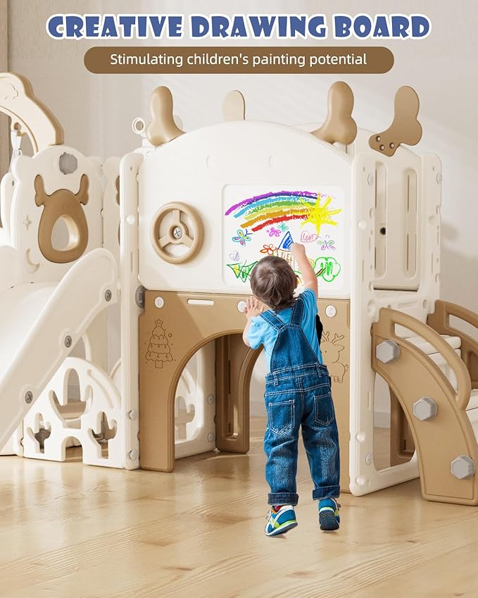 YUFU 13 in 1 Toddler Slide and Swing Set, Kids Slide for Toddlers Age 1-3, Toddler Playset with Golf Set, Basketball Hoop and Drawing Board, Outdoor Indoor Playground (Brown)