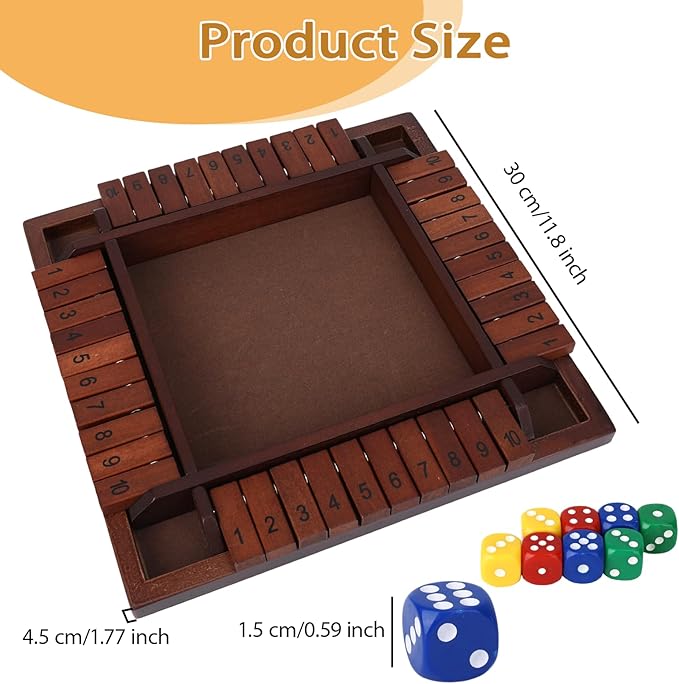 Shut The Box Game Wooden, 12 inch Close Shut The Box Game for 2-4 Player Adults, Math Sequence Dice Plunder Board Games with 8 Dice, 4-Sided 10 Number Table Games for Family Classroom Home Party Pub