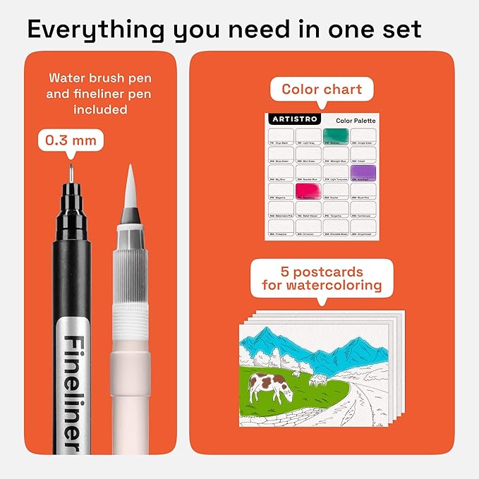 ARTISTRO 24 Watercolor Markers with Flexible Paint Brush Pens for Pros & Beginners - Consistent, Smooth, Bright, Washable, Non-Toxic, Ideal for Coloring, Calligraphy, & Manga