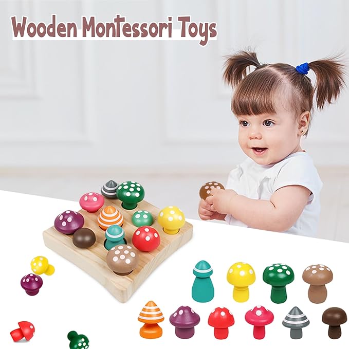 Toddler Toys,Montessori Wooden Sensory Early Educatioanl Learning Fine Motor & Shape Sorter Toy,Matching Games with Mushroom Puzzle,Fun Easter Basket Stuffers Birthday Gift for Boys Girls