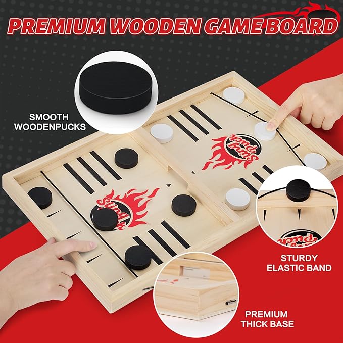 Large Fast Classic Slingshot Puck Game, Wooden Air Hockey Board Games for Family Night, Table Games for Adults and Kids, 2 Player Game for Ages 6 and Up, Test Your Speed and Accuracy