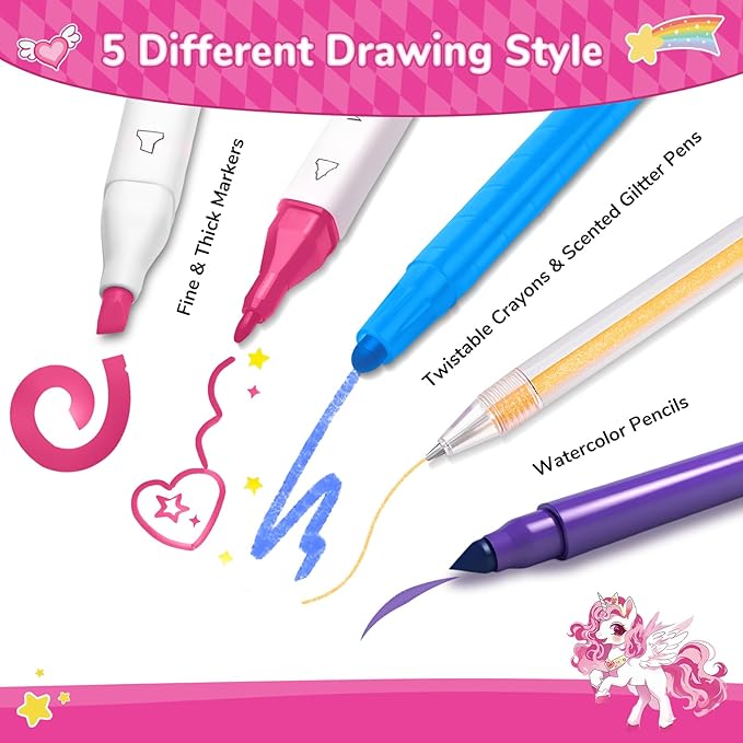 70PCS Unicorn Washable Markers Set with Glitter Pencil Case,Art Supplies for Kids Ages 4-6-8,Drawing Coloring Art Craft Kits for Girls with Marker,Glitter Pens,Crayon,Birthday Gifts Toys for Girls