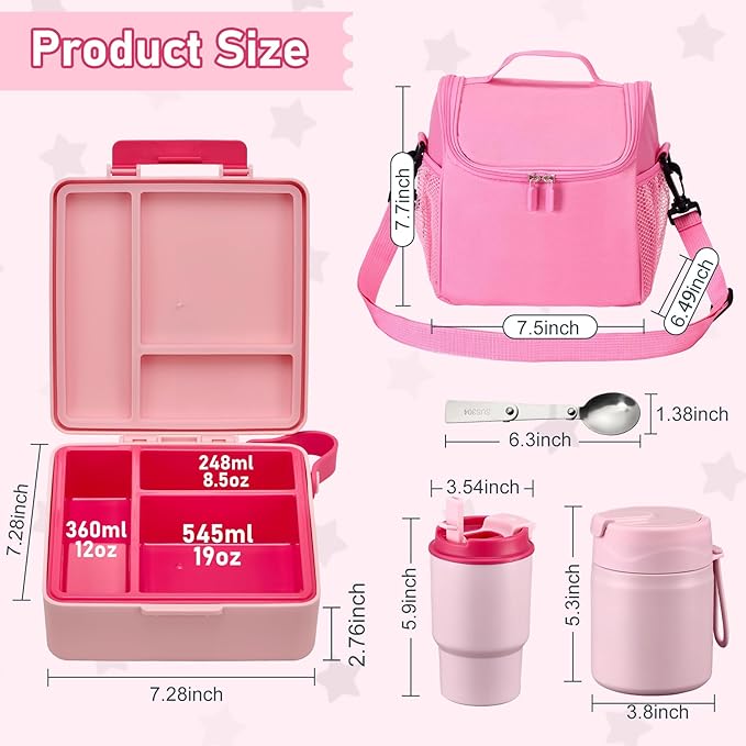 Bento Lunch Box for Kids with 17oz Soup Thermo,Insulated Tumbler Water Bottle and Insulated Lunch Bag,Leak-Proof 3 Compartment Lunch Food Container with with Ice Pack for Kids to School-Pink