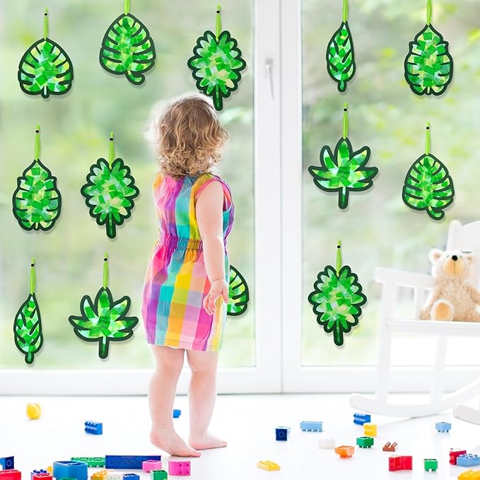 Qyeahkj 36 Set Summer Suncatchers Crafts for Kids DIY Hawaiian Palm Leaves Window Tissue Paper Crafts Kit Green Leaf Hanging Decor for Summer School Home Activity Art Project Birthday Party Favor Gift
