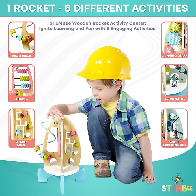 Space Rocket Wooden Activity Cube for Toddlers 1-3 - Includes Colorful Bead Maze for Montessori Sensory Development. Fun Toy Activity Center for Baby Boys & Girls. Excellent First Birthday Gift
