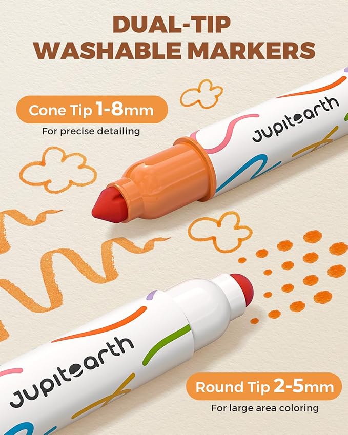 Washable Dual Tip Markers for Kids, Broad & Round Tip, Easy-Grip Design for Little Hands, 24 Vibrant Colors Toddler Markers with Portable Case, Preschool Art Supplies for Kids Toddlers
