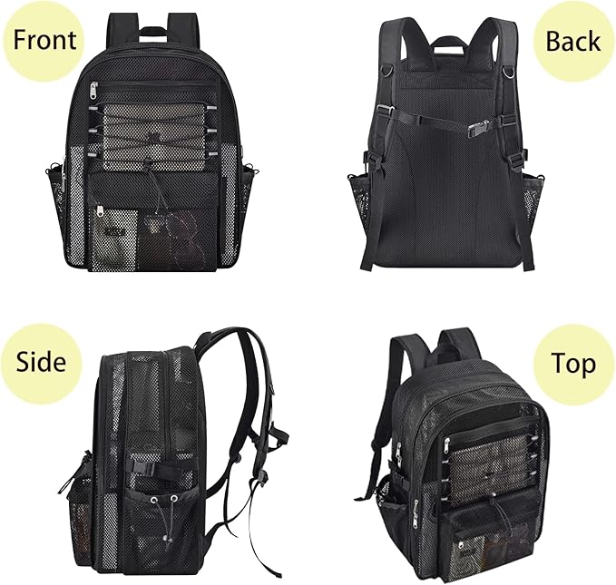 Mesh Backpack Heavy Duty for School, 35L Extra Large Mesh Bookbag for Adults, See Through Mesh Black School Bag with Laptop Pocket for Work Swimming Beach Fitness Sport