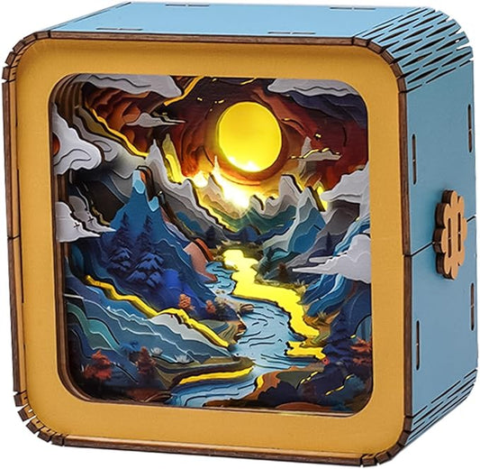 3D Wooden Puzzle Night Light, Valley Sunset DIY Puzzles for Adults, Eye Care Night Light with Touchable Switch, Personalized Gifts for Family Friend DIY Puzzle Lover