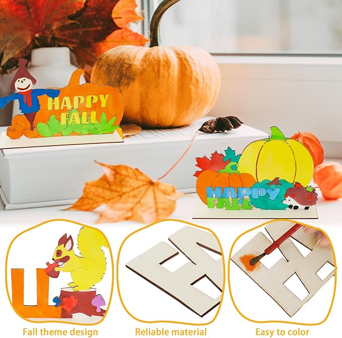 24 Pcs Fall Crafts for Kids Bulk, Fall Arts and Crafts Kits, Thanksgiving Fall Wooden Painting Crafts for Boys Girls Fall Activities Harvest Party Favors Home Classroom DIY Table Decorations