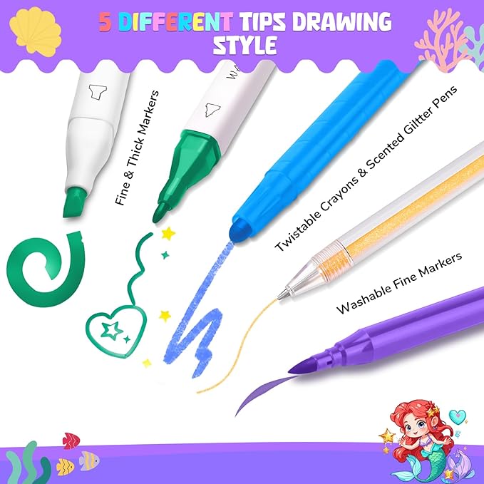 70PCS Mermaid Washable Markers Set with Glitter Pencil Case,Art Supplies for Kids Ages 4-6-8,Drawing Coloring Art Craft Kits for Girls with Marker,Glitter Pens,Crayon,Birthday Gifts Toys for Girls